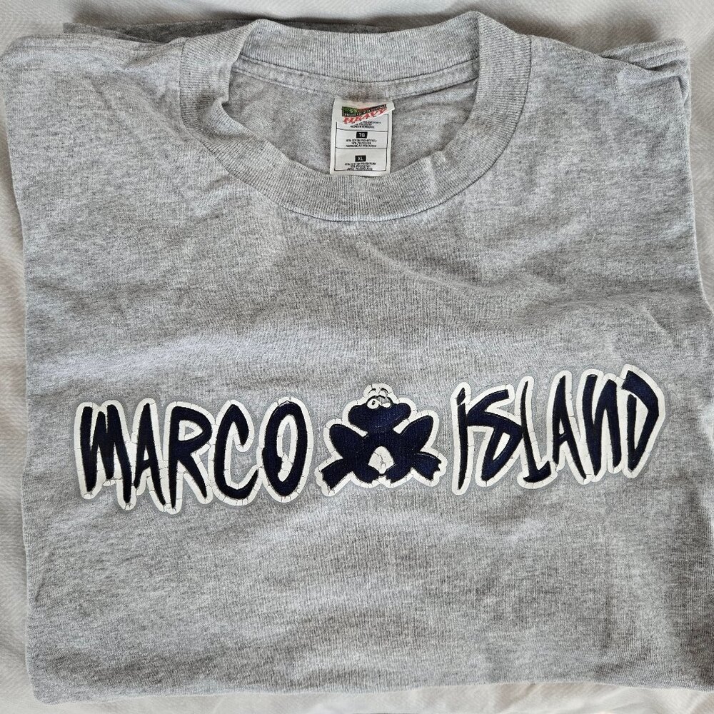Fruit of the Loom Marco Island Gray Short Sleeve Tee with Bold Text and Graphic
